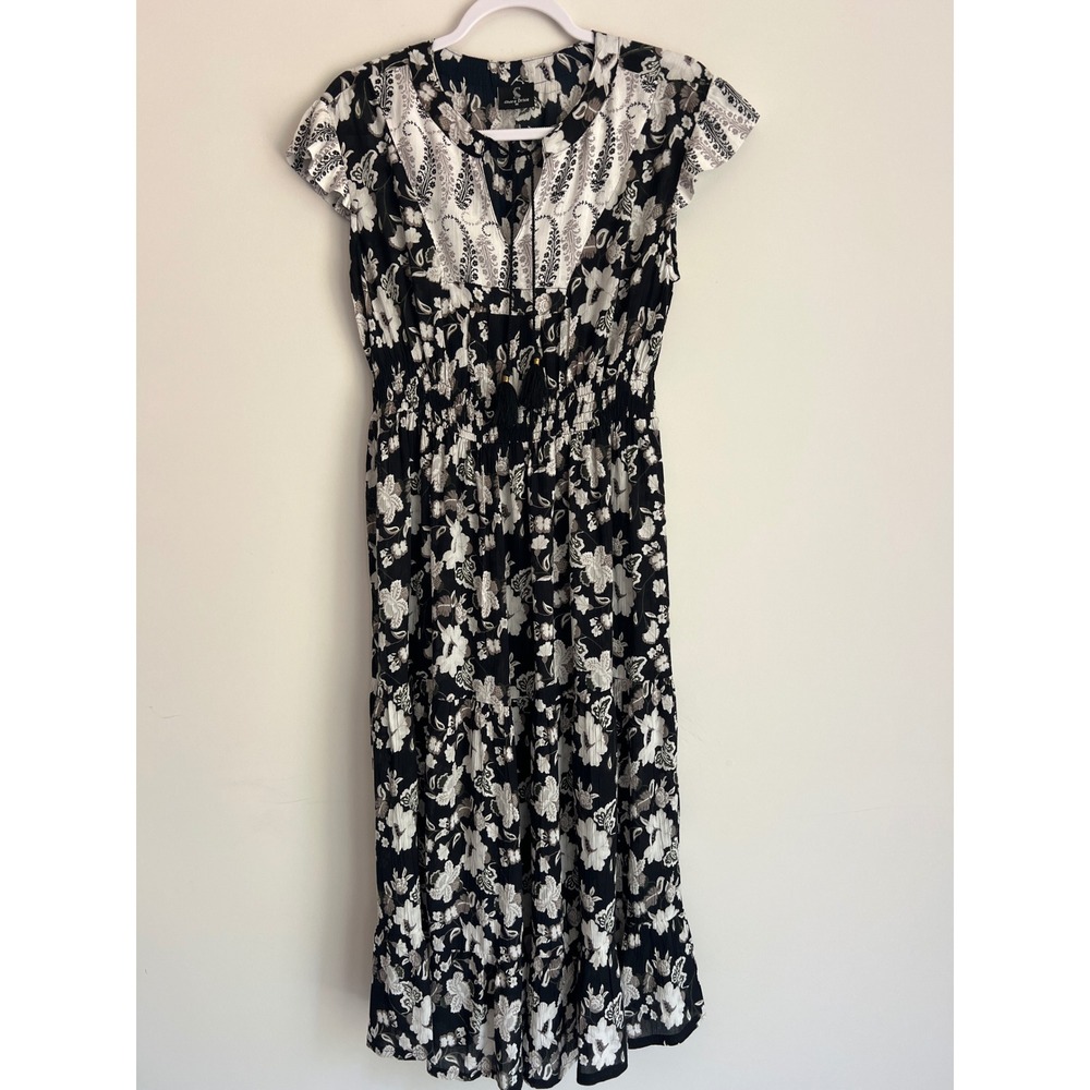 Shore Drive Womens‎ Black White Floral Smocked Waist Tassel Midi Dress Medium